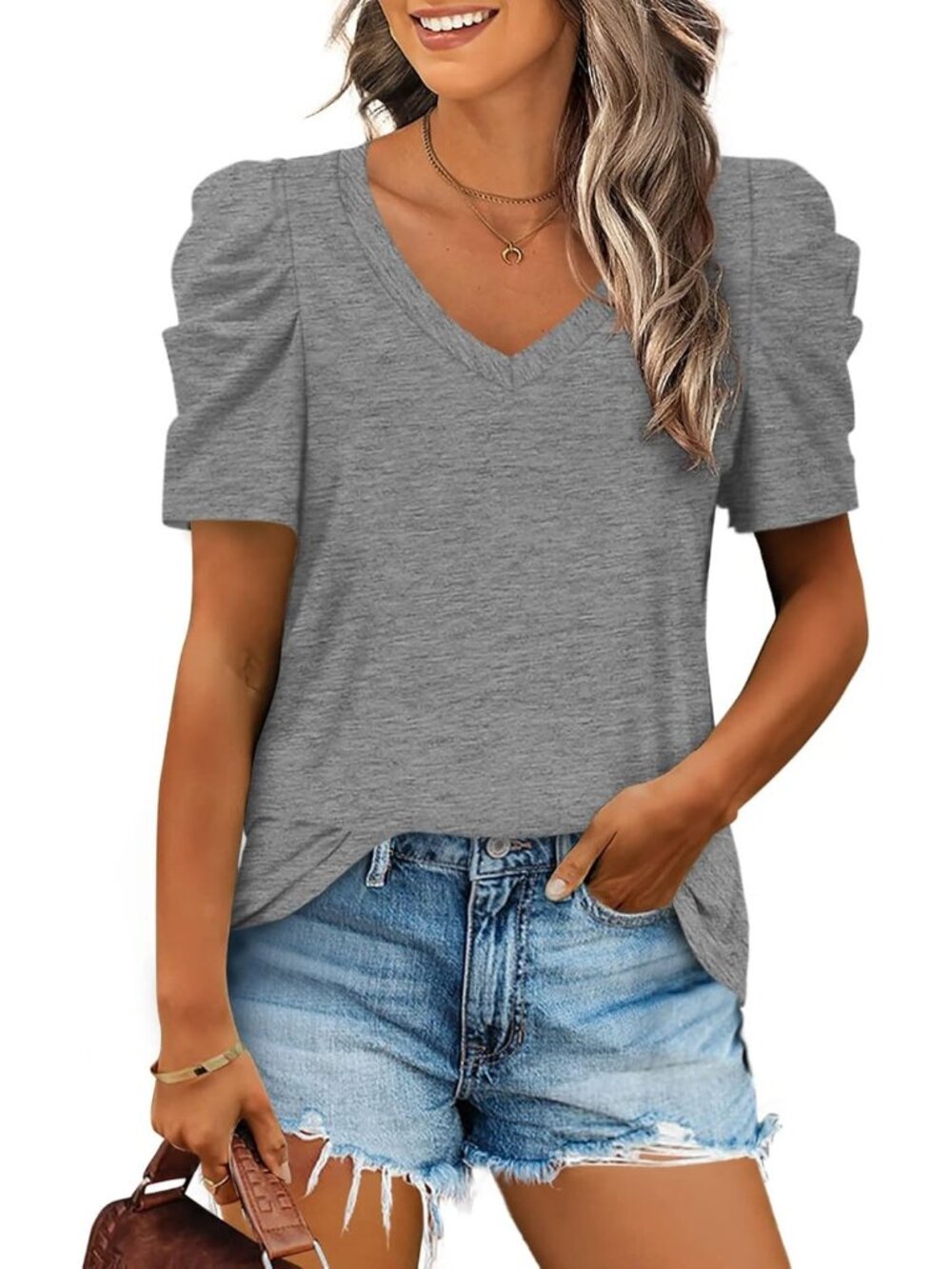 Women's Gray Polyester Blend Puff Sleeve V Neck Pull On Casual Henley Shirts